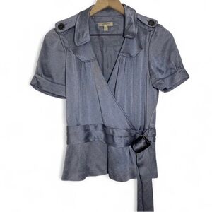 Burberry Women’s 6 Dusty Blue Satin Collared Wrap Blouse Top Belted